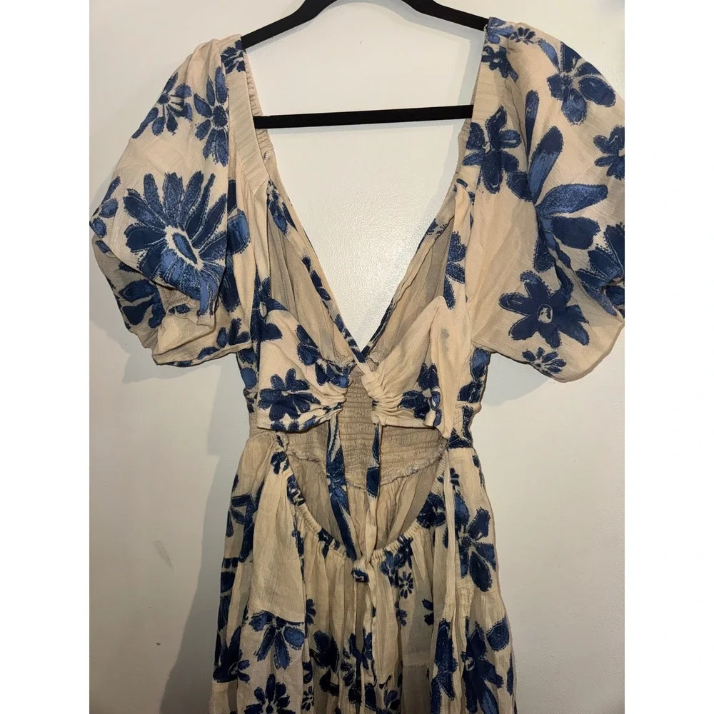 Free People Perfect Day Mini Dress Blue Floral Smocked Puff Sleeve Small